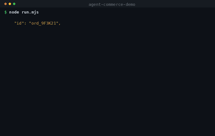 Terminal recording: complete_checkout_session runs, returning order id ord_9F3K21. It is called a second time with the same session and returns the same order id, ord_9F3K21. The run ends: retry returned the SAME order. No duplicate, no double charge.