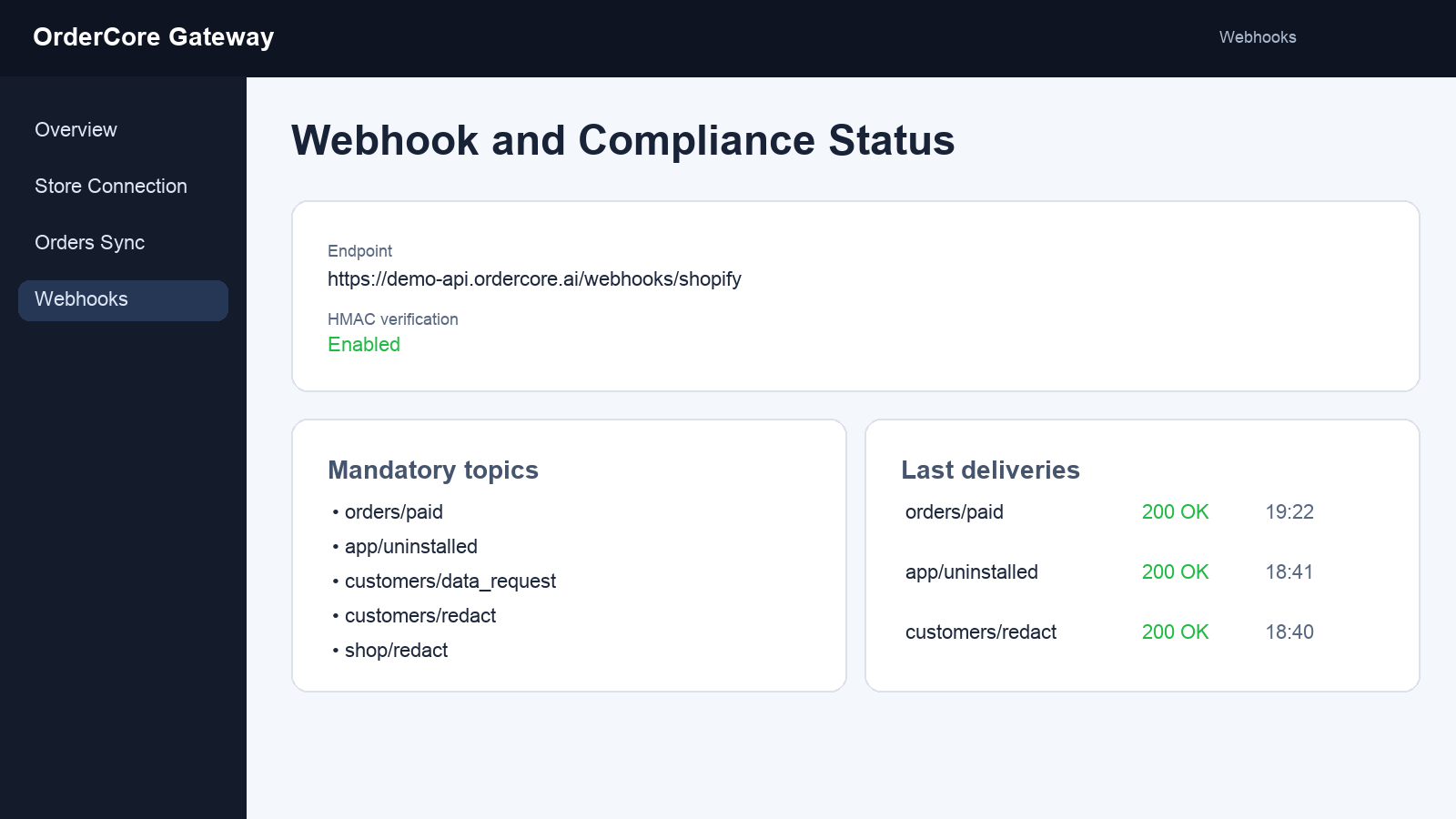 Webhook and compliance status for Shopify integration